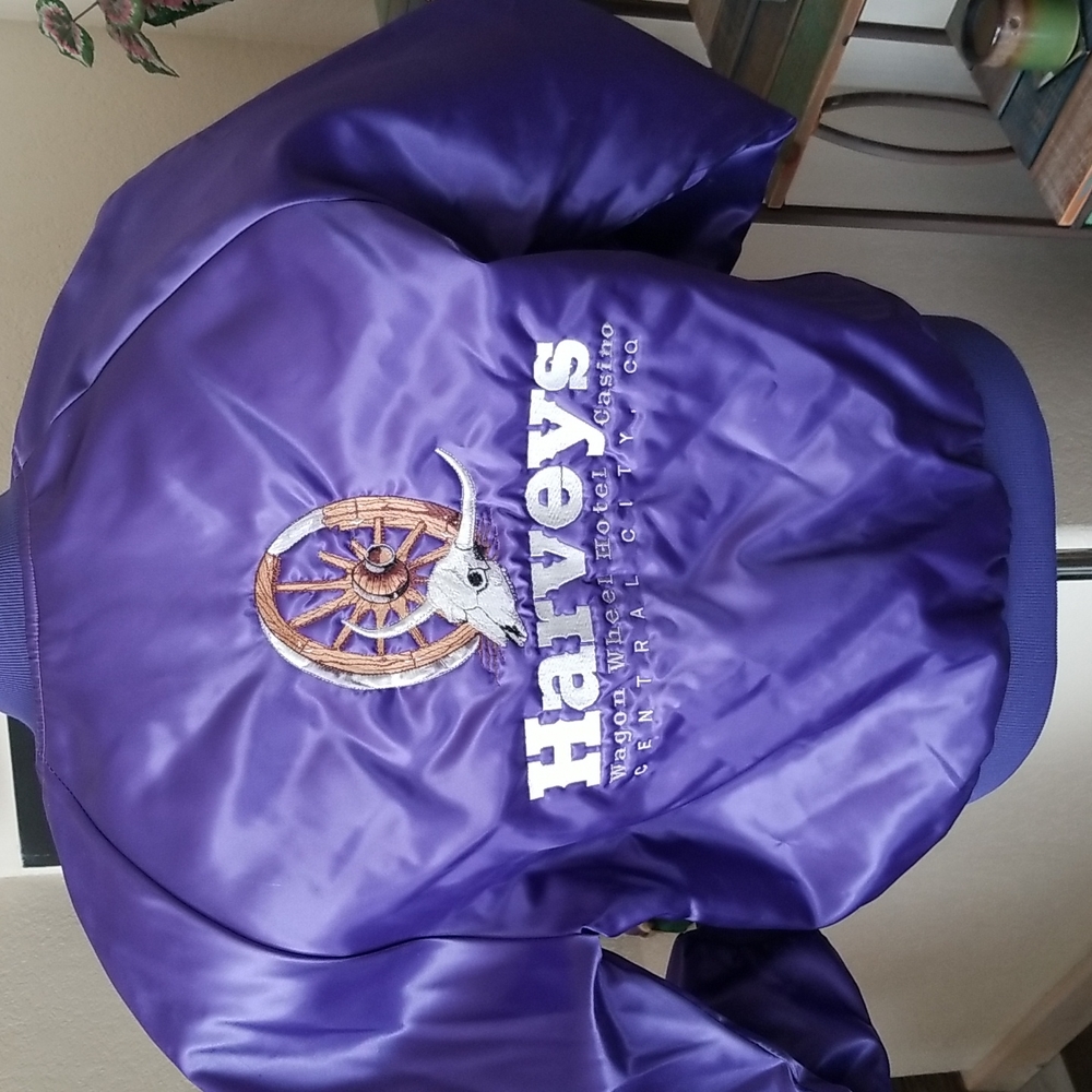 Vintage Satin Harvey's Wagonwheel Casino Bomber Jacket